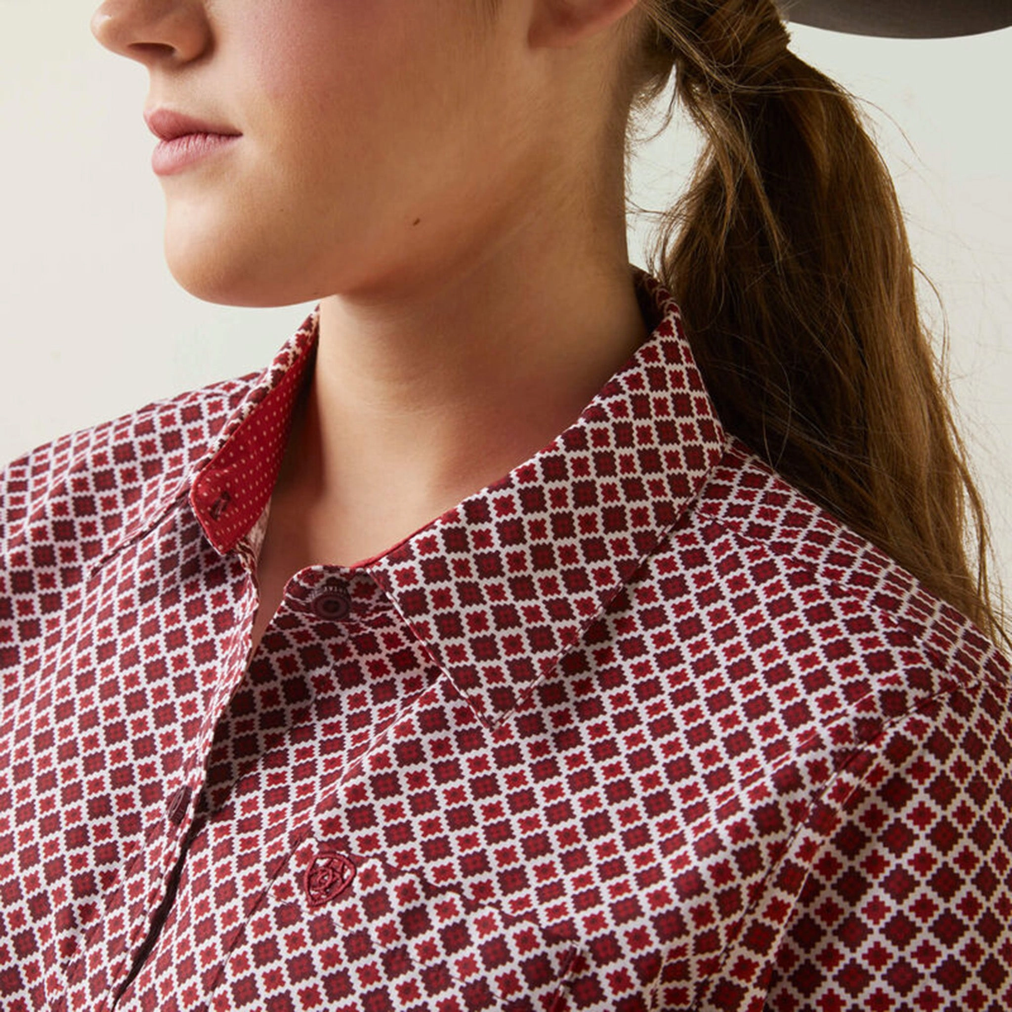 Raw Edge Detail Abrasion Resistant Surface Ariat Women's Kirby Red Geo Stretch Shirt