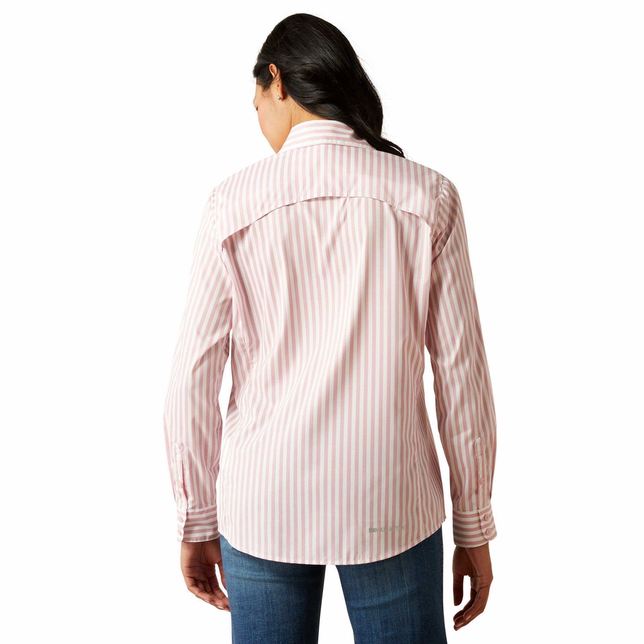 Ariat Women's Pink White Stripe VentTek Long Sleeve Long Sleeve Shirt RibbedCollar