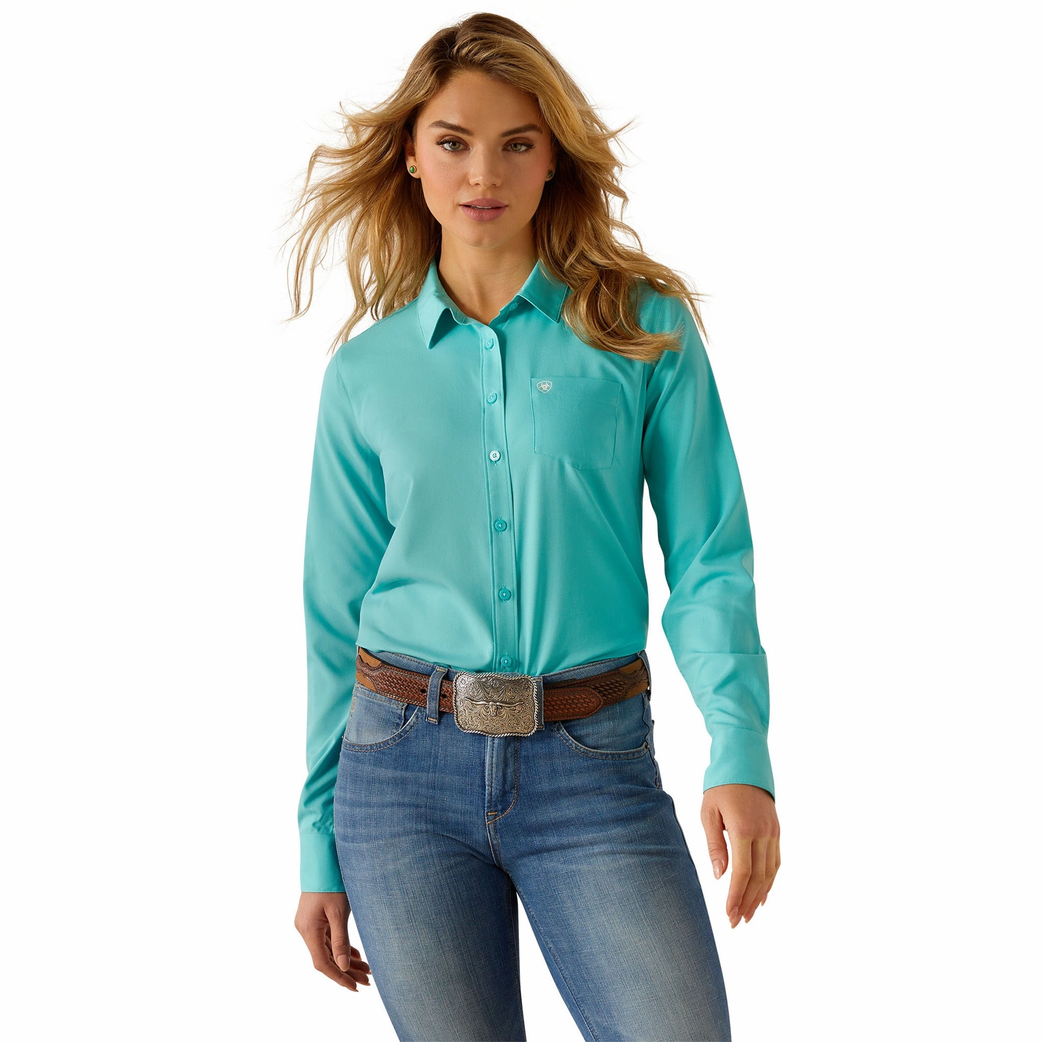 Ariat Women's Solid Turquoise Long Sleeve Shirt Rolled Hem Finish ErgonomicShape