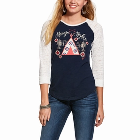 Rolled Hem Detailing Layered Neckline Ariat Women's White and Navy Navajo Nights Baseball Tee