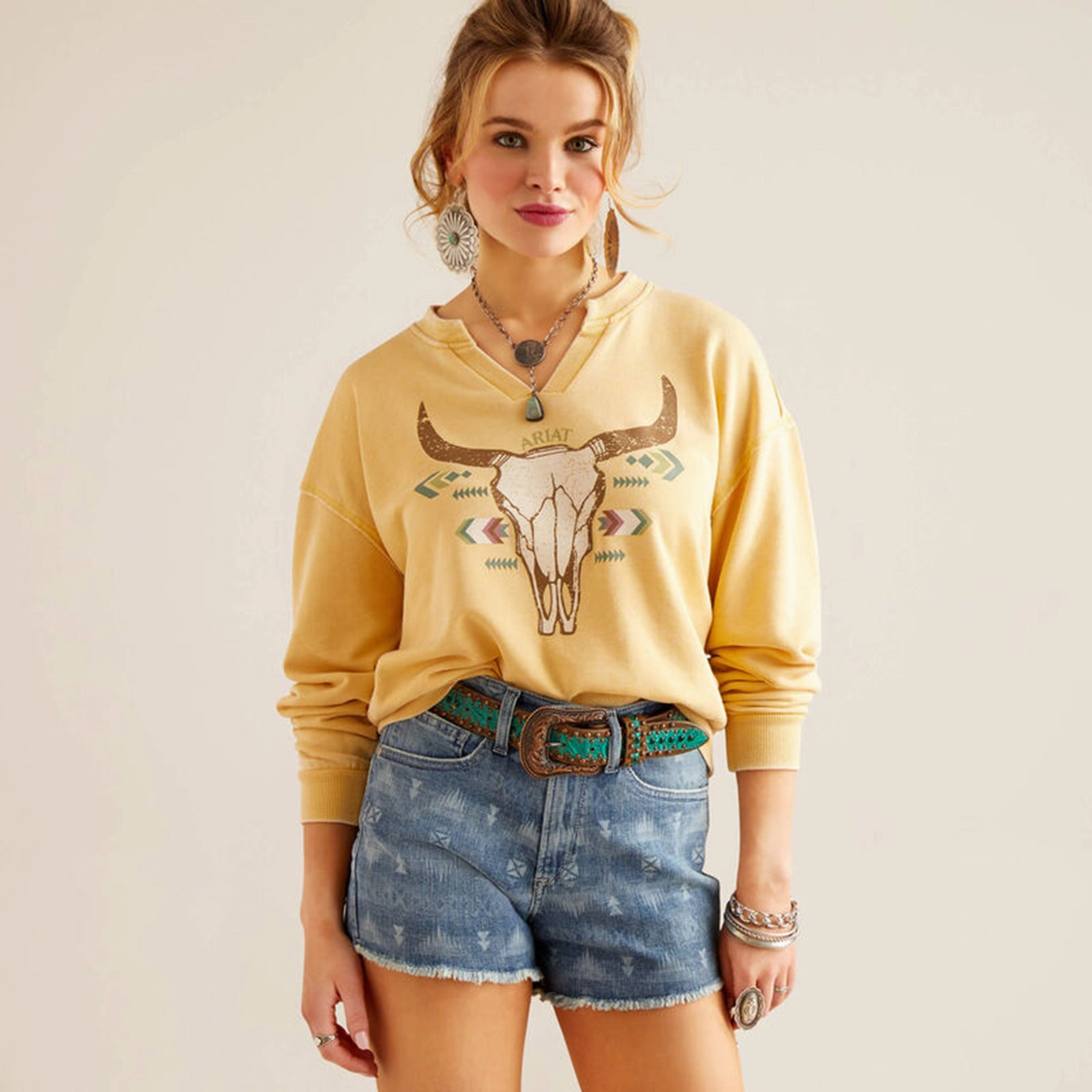 Ariat Women's Yellow Skull V-Neck Sweatshirt Adjustable Hemline TonalStitching