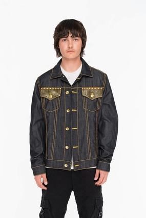 Fashion Forward Layer ROBINS RAW DENIM COLLECTION MENS JACKET IN RAW INDIGO DENIM WITH AURUM  CRYSTAL AND STUDS