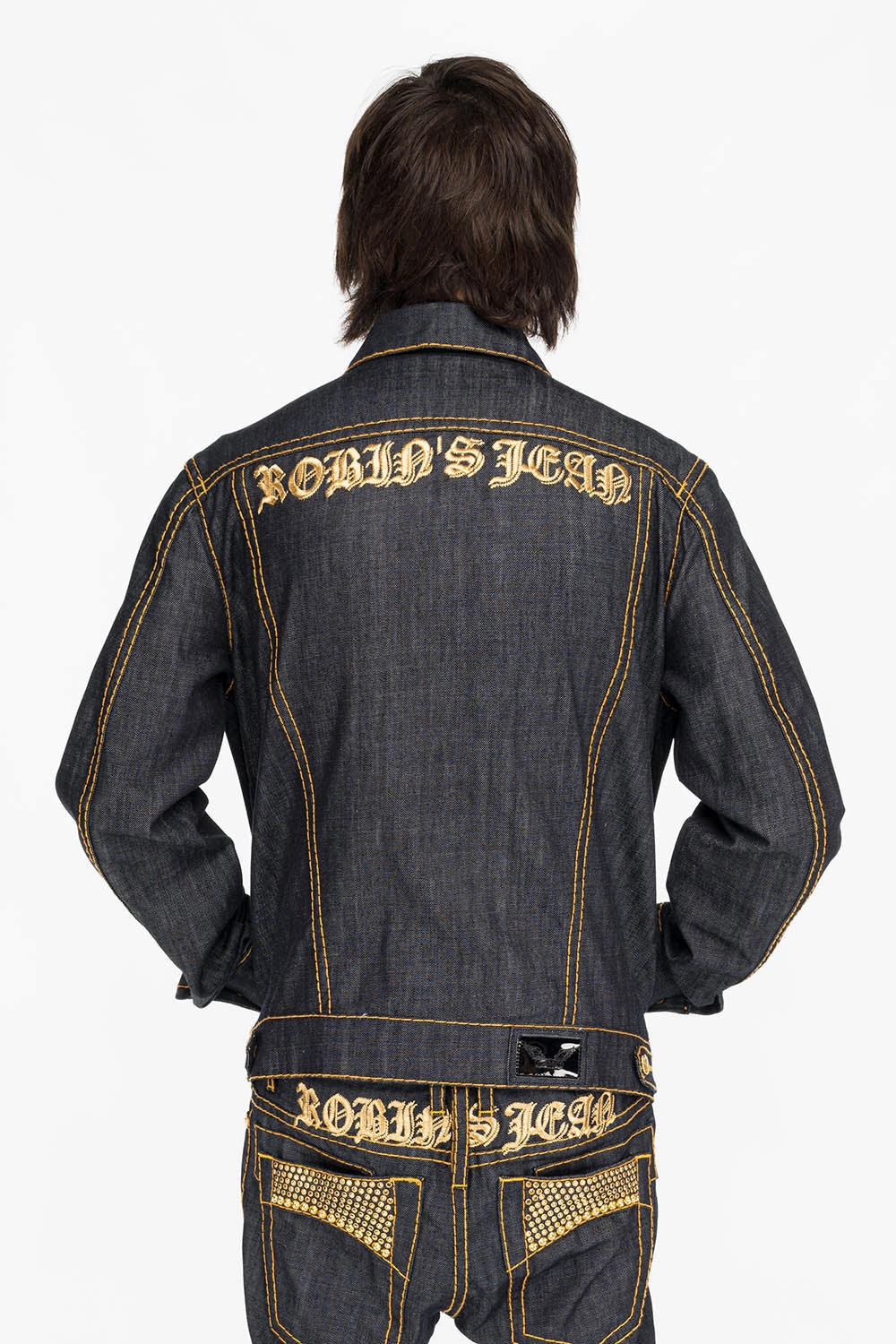 ROBINS RAW DENIM COLLECTION MENS JACKET IN RAW INDIGO DENIM WITH AURUM  CRYSTAL AND STUDS Flexible Fit Engineering