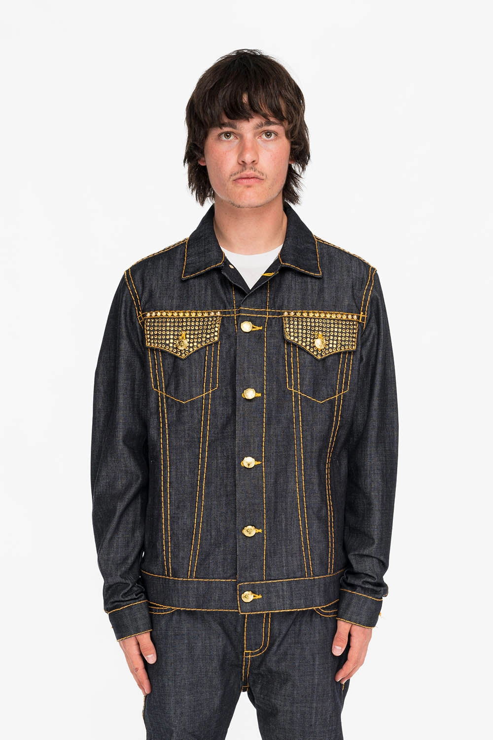 ROBINS RAW DENIM COLLECTION MENS JACKET IN RAW INDIGO DENIM WITH AURUM  CRYSTAL AND STUDS Everyday Layers