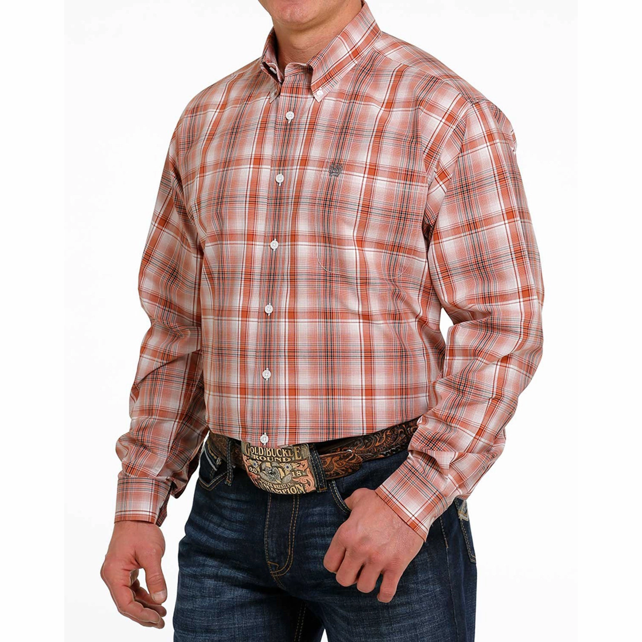 Cinch Men's Orange Plaid Shirt Checkered Print Pullover Design