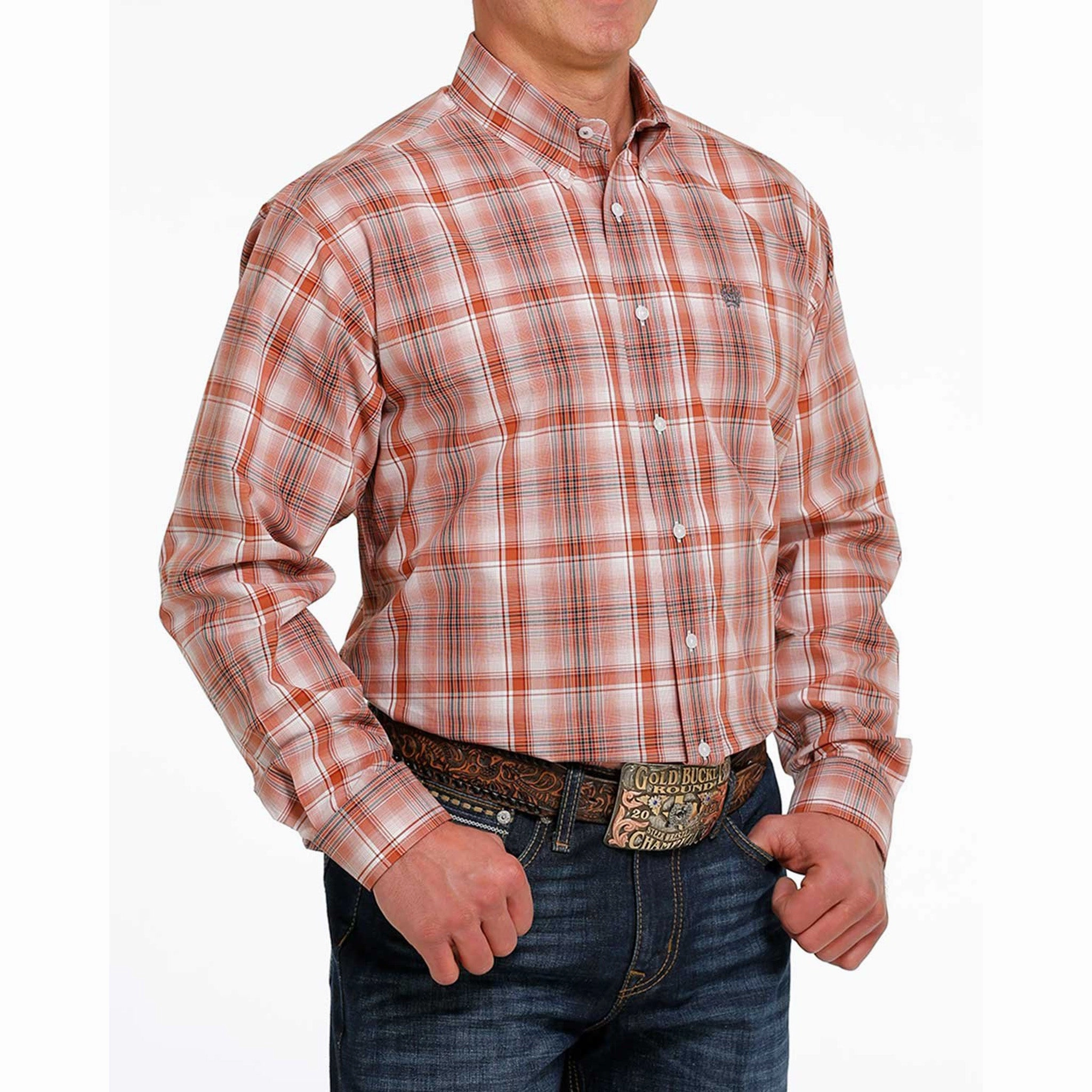 Stretchable Material Stylish Appearance Cinch Men's Orange Plaid Shirt