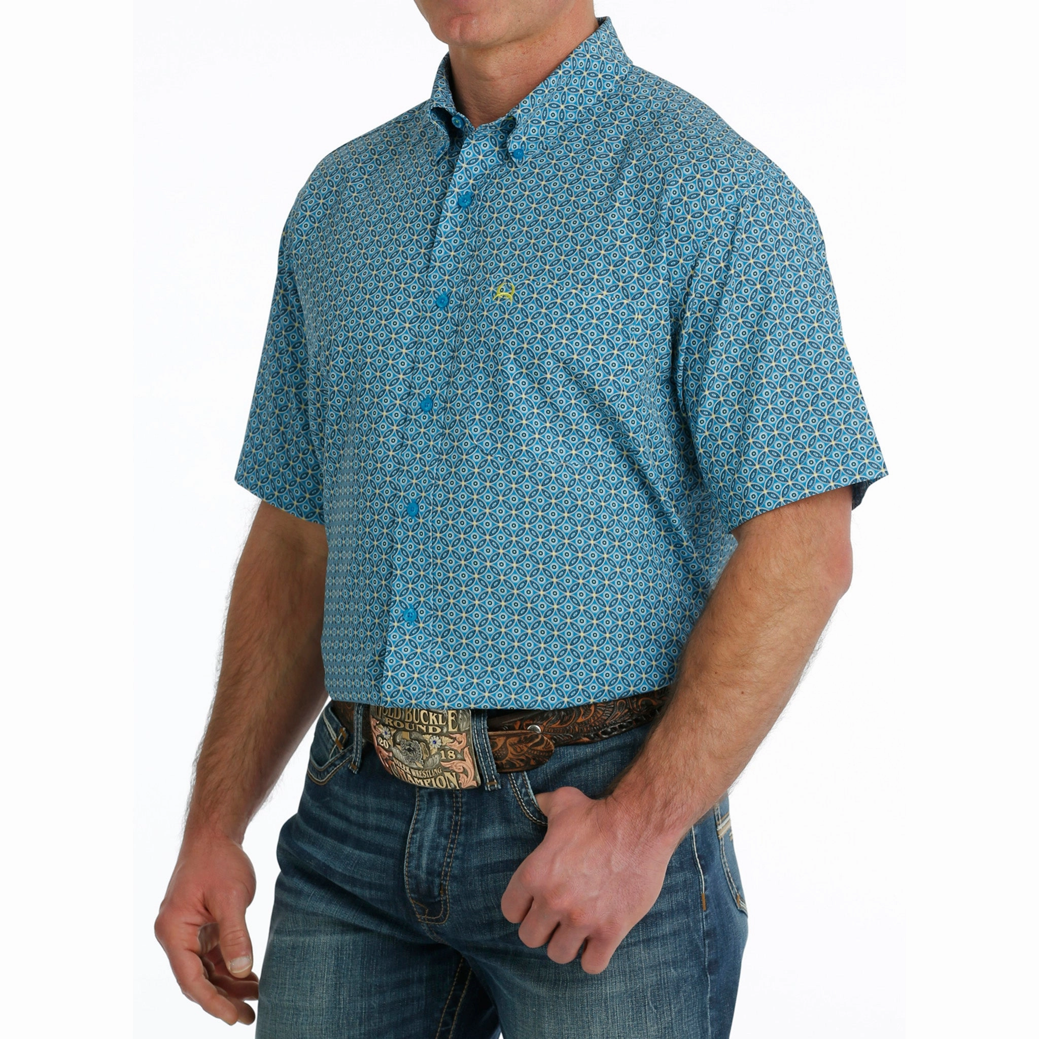 Travel Essential Textured Finish Cinch Men's Short Sleeve Blue  Arenaflex