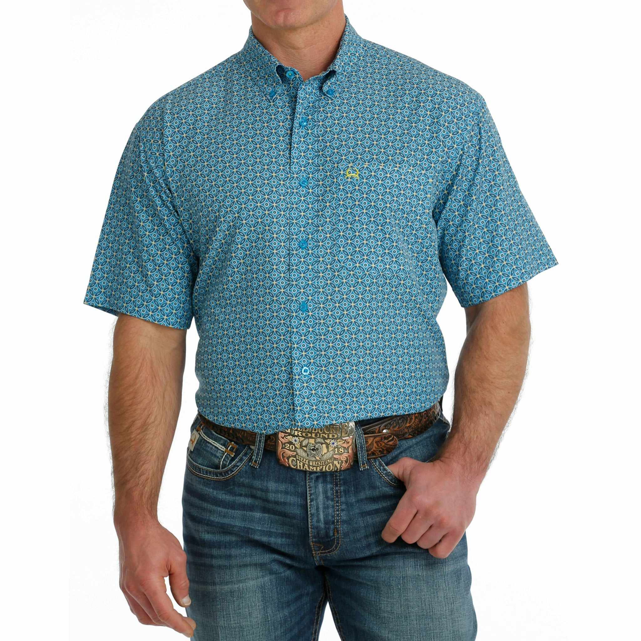 Cinch Men's Short Sleeve Blue  Arenaflex Adjustable Hem
