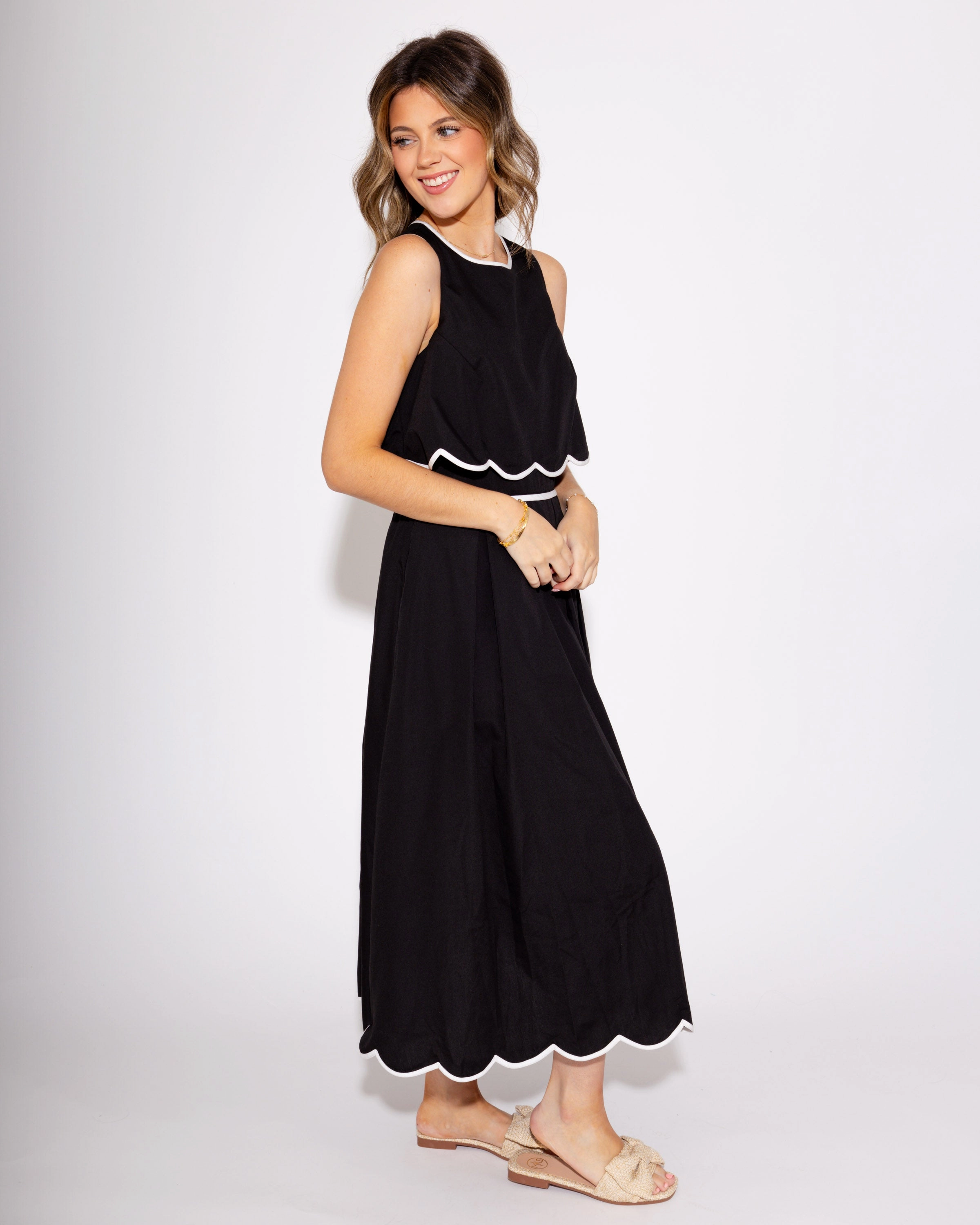Stylish Appeal Button Chic Black Scalloped Serenade Dress