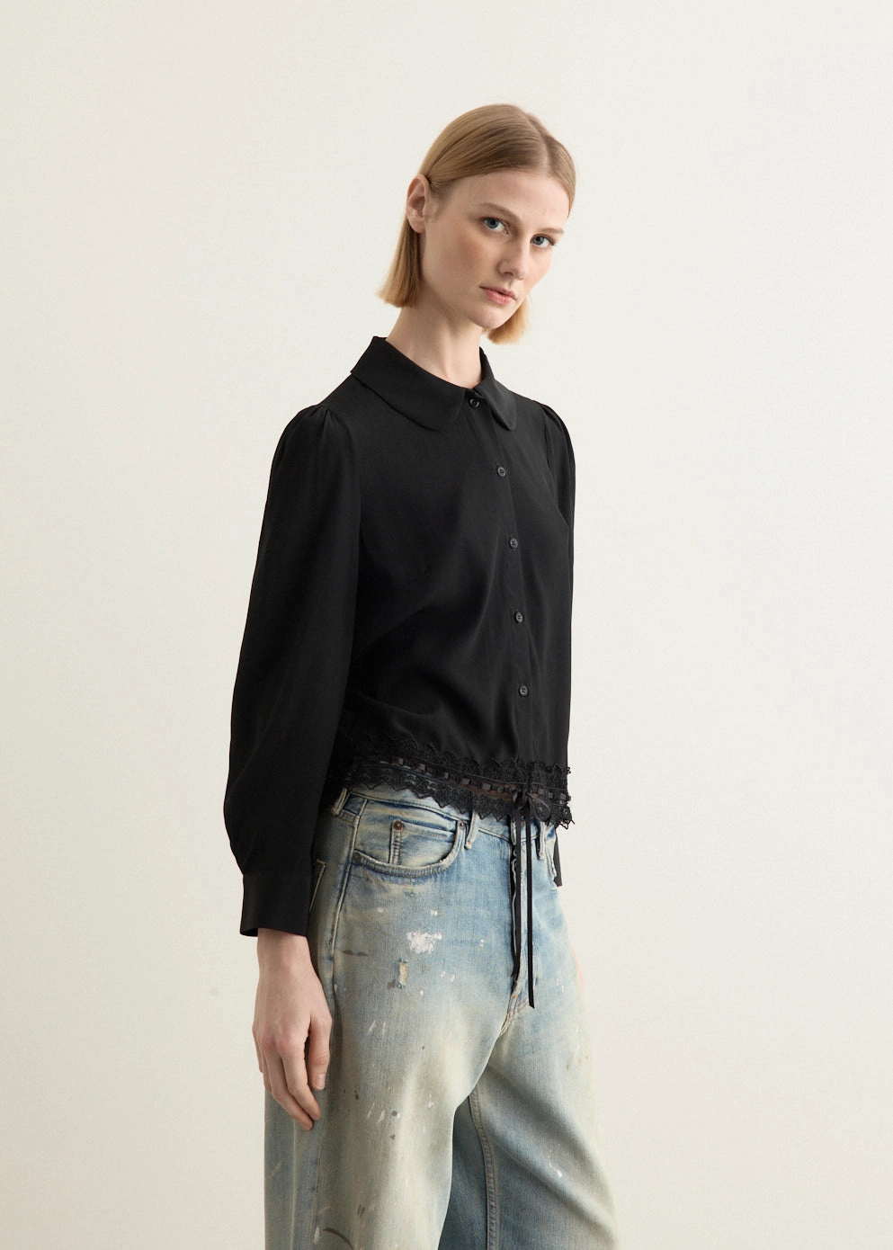 Denim Blend All-Occasion Wear Cropped Ribbon Trim Round Collar Shirt