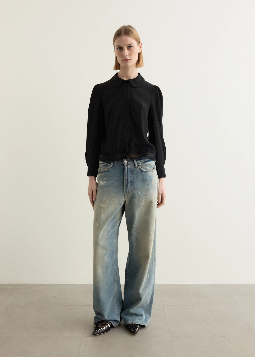 Military Inspired Cropped Ribbon Trim Round Collar Shirt