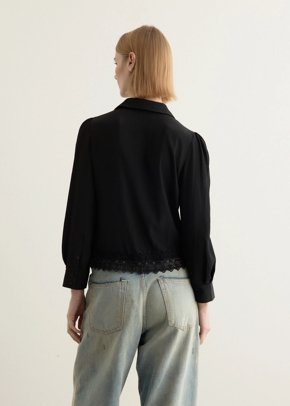 Cropped Ribbon Trim Round Collar Shirt Hidden Placket Comfortable Design