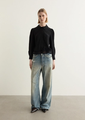 Military Inspired Cropped Ribbon Trim Round Collar Shirt