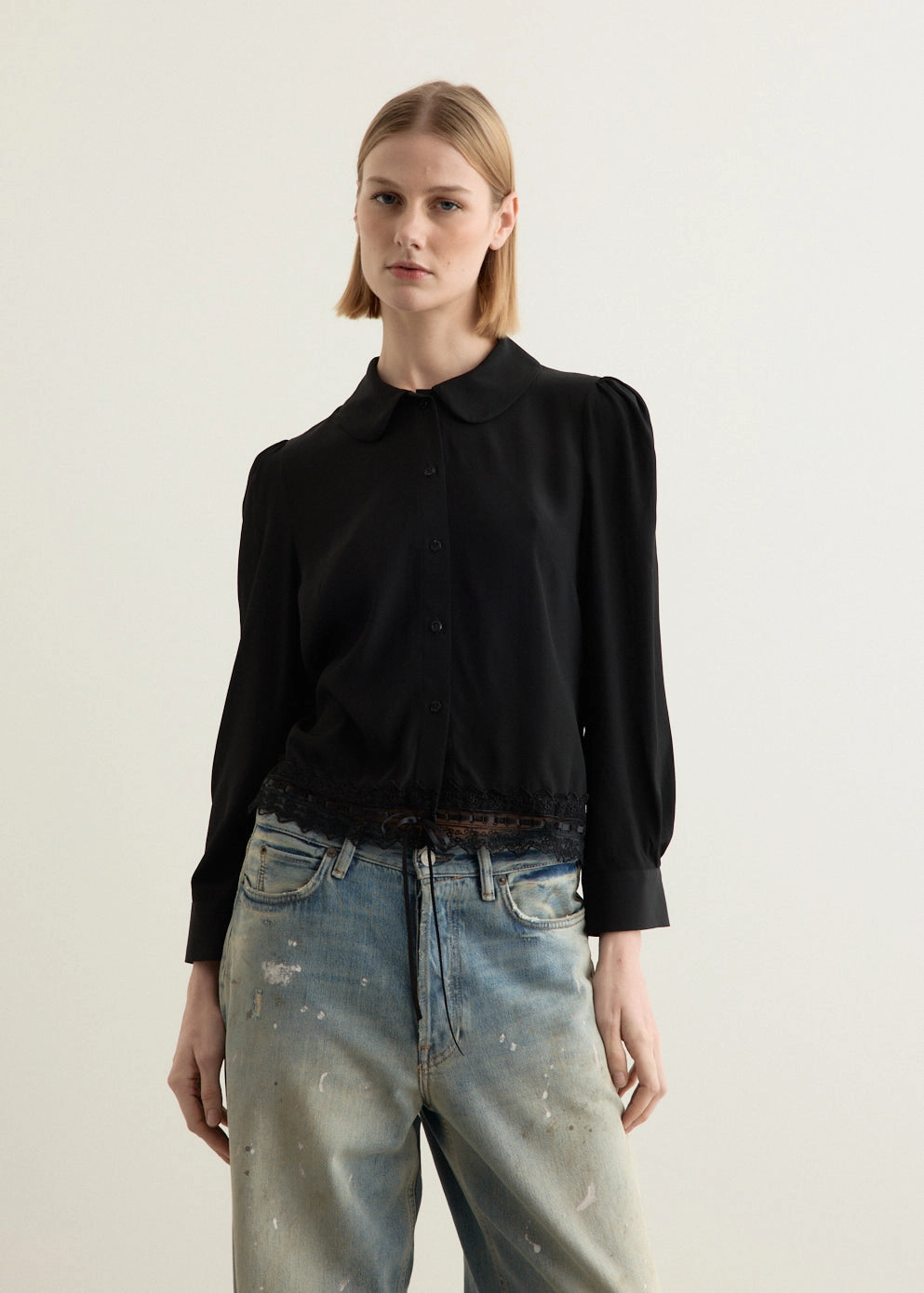 Cropped Ribbon Trim Round Collar Shirt Coastal Vibes