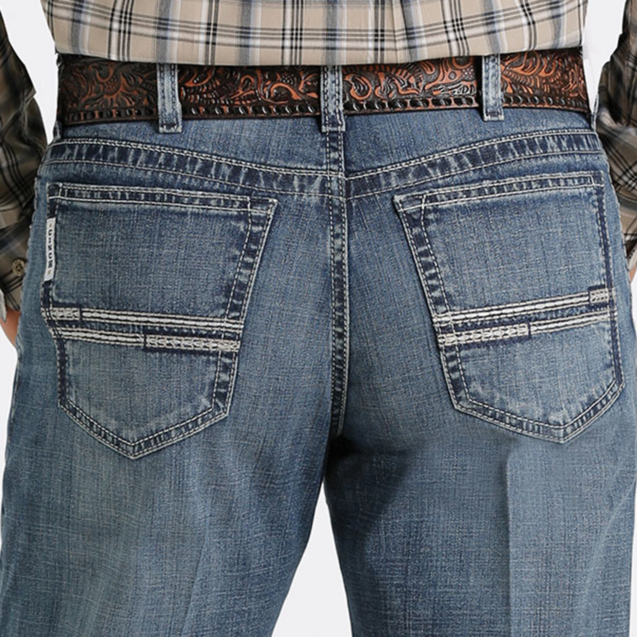 Natural Fit Simple Utility Cinch Men's Medium Wash/Stitched Pocket White Label Jeans