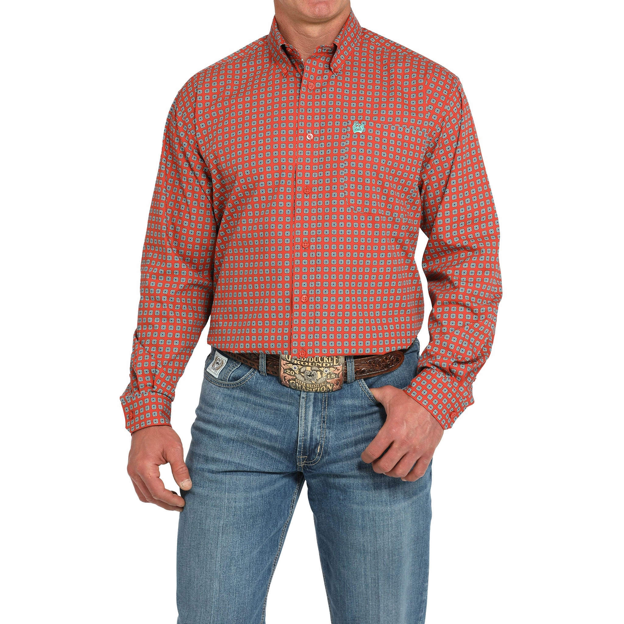 Cinch Men's Red Medallion Print Long Sleeve Refined Aesthetic