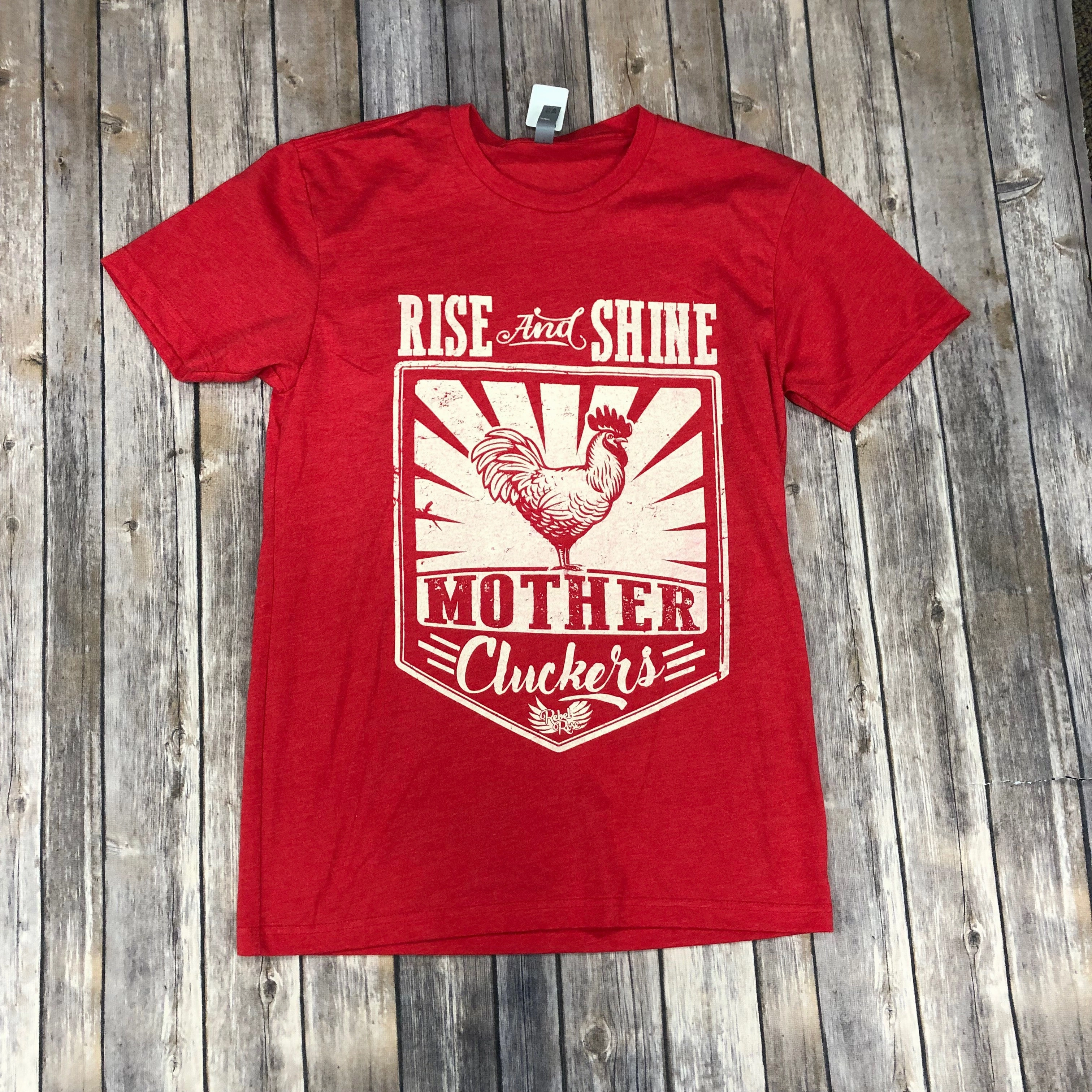 Red Crew Neck Tee with Cream Motif Rise & Shine Durable Reinforced Hem Non Iron Fabric