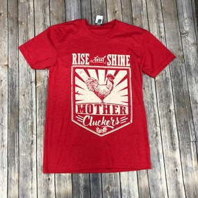 Red Crew Neck Tee with Cream Motif Rise & Shine Durable Reinforced Hem Non Iron Fabric