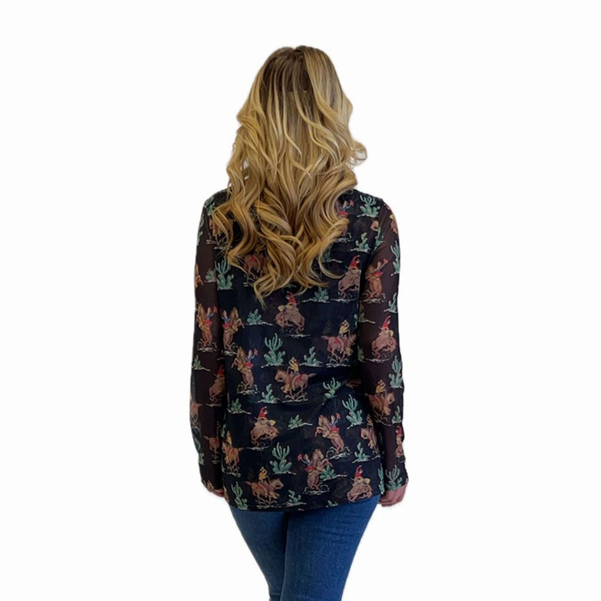 Water resistant coating RibbedTrim Black Cowboy & Cactus Mesh Long Sleeve Shirt