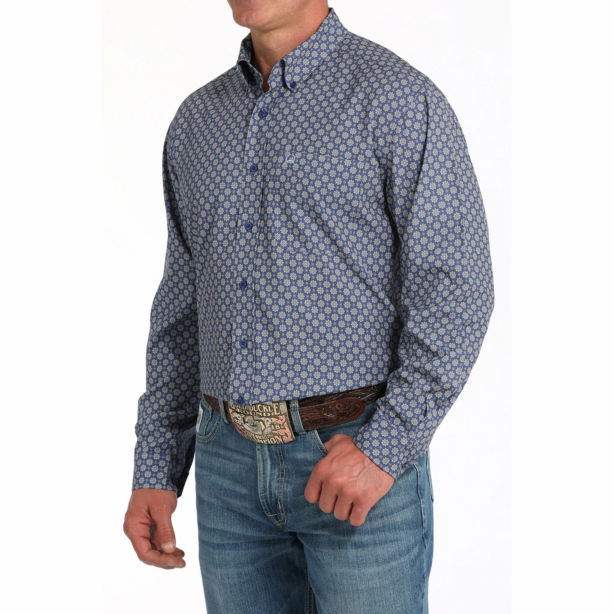 Cinch Men's Royal Blue Geo Arena Flex Shirt Non Restrictive Armhole