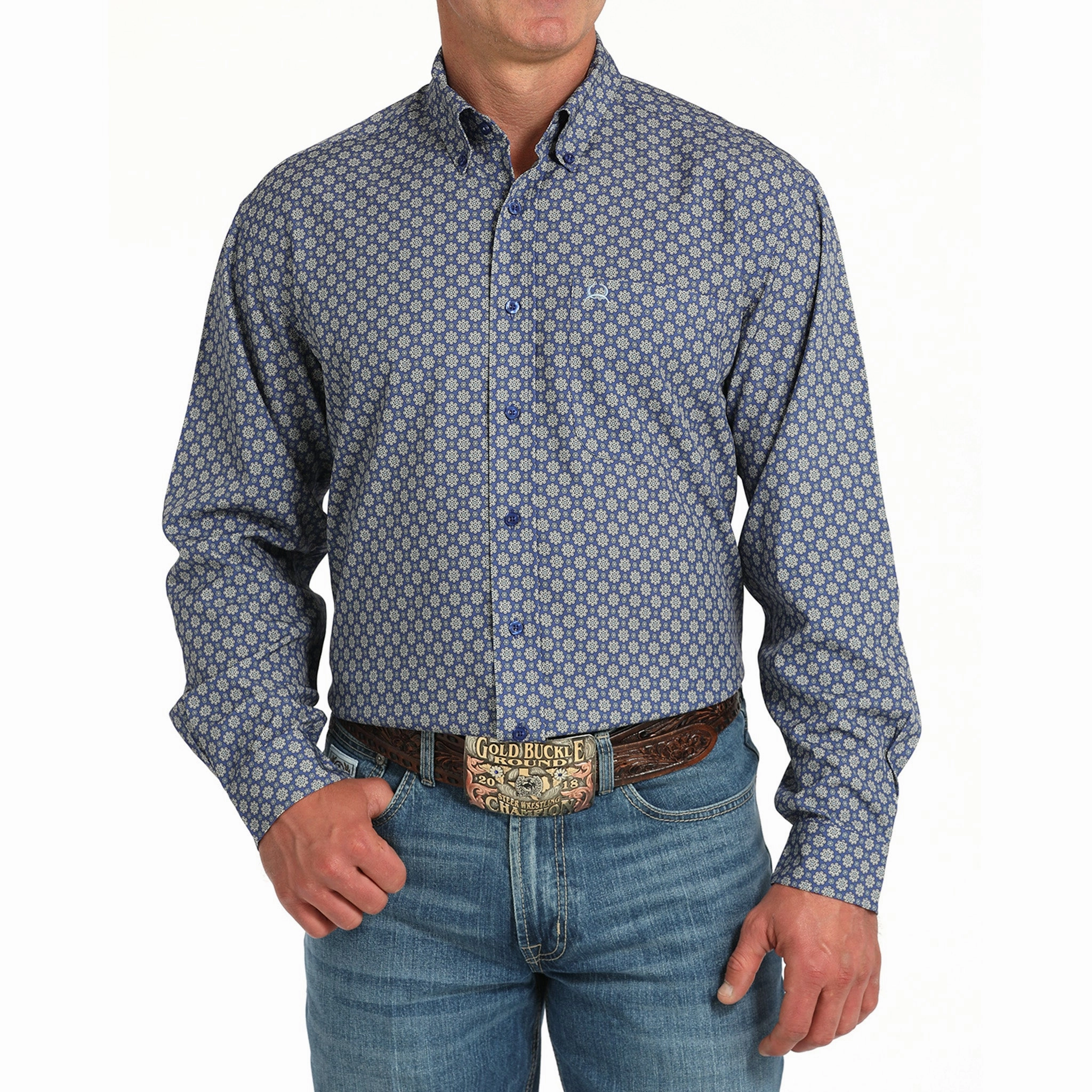 Cinch Men's Royal Blue Geo Arena Flex Shirt Solid Hue