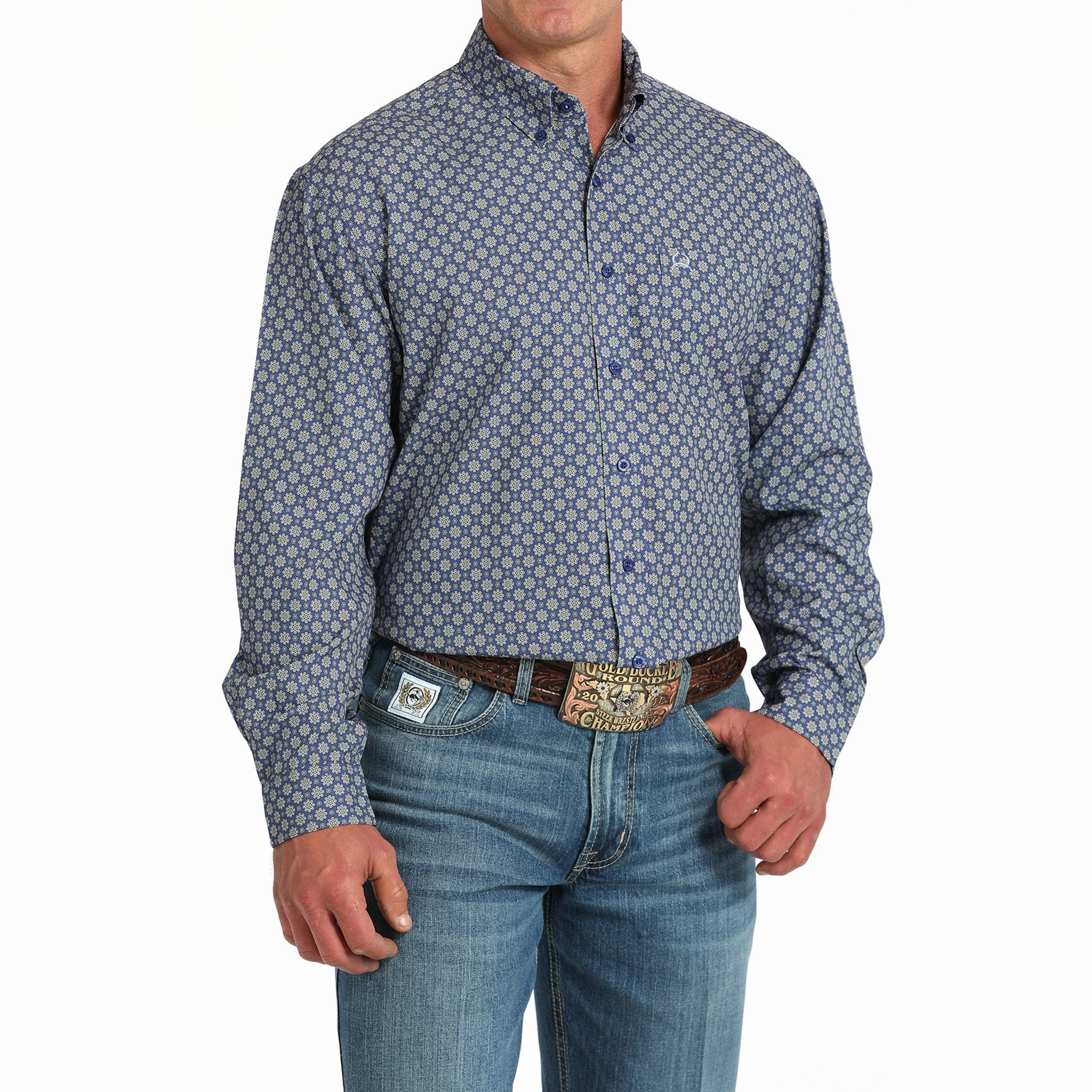 No Slip Shoulder Grip Cinch Men's Royal Blue Geo Arena Flex Shirt