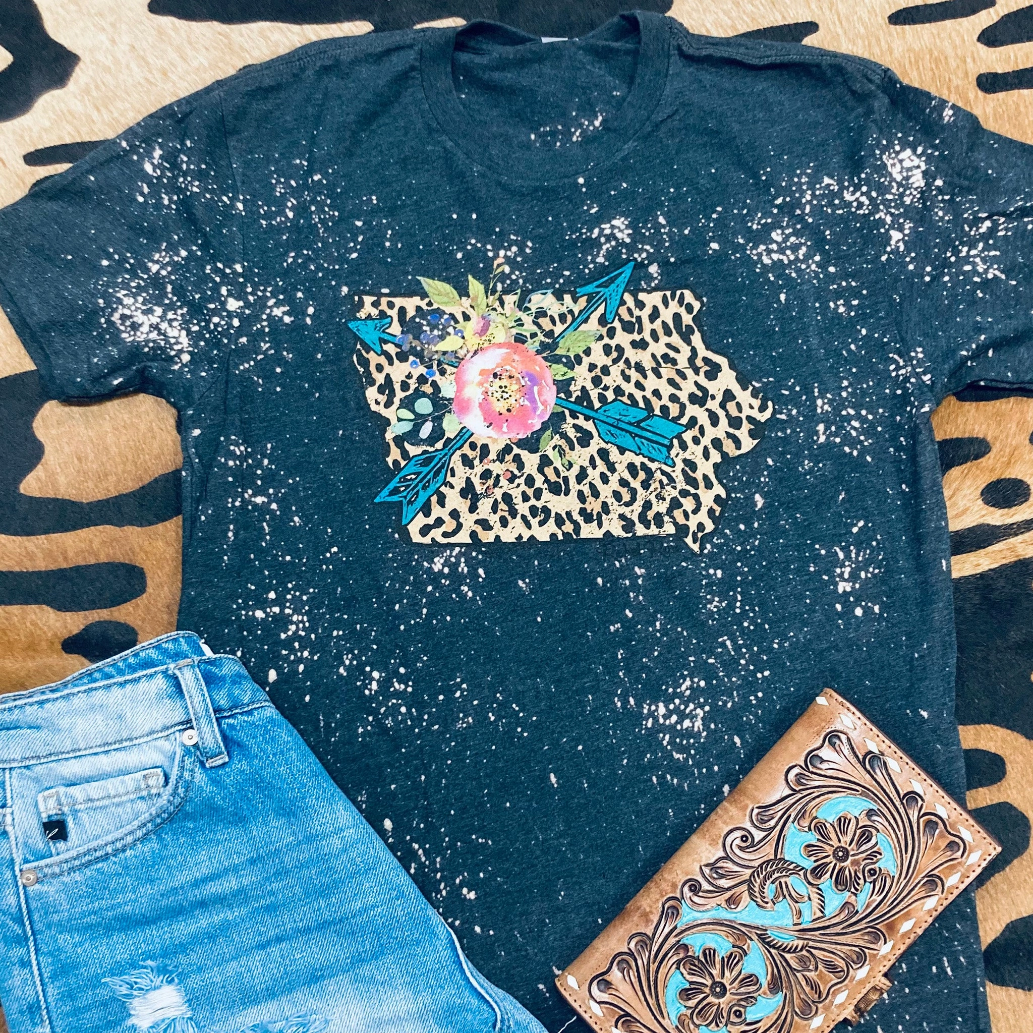 Interlock Stitching Black Acid Leopard Iowa Tee