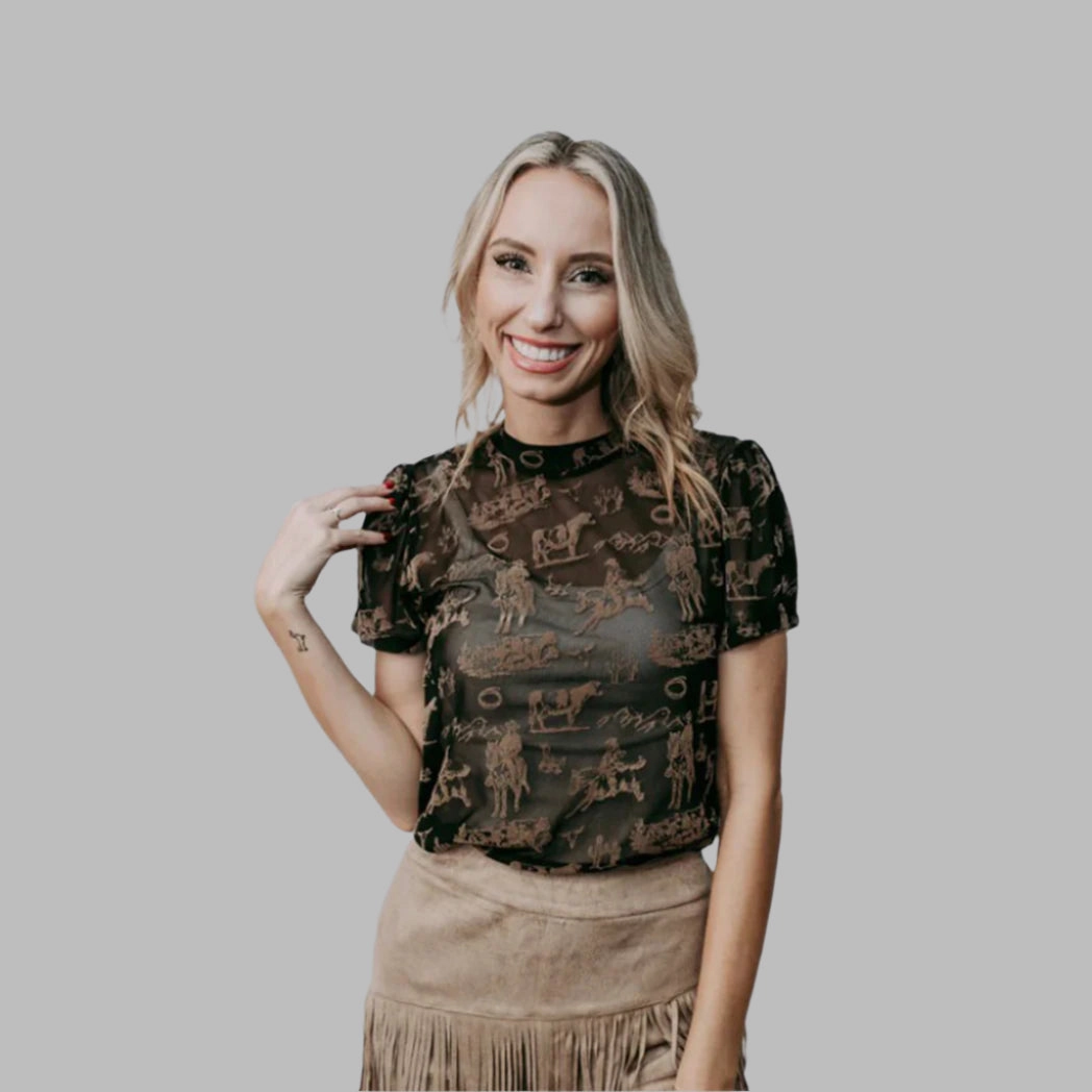 Reinforced Seam Technique Black and Brown Western Scene Mesh Shirt