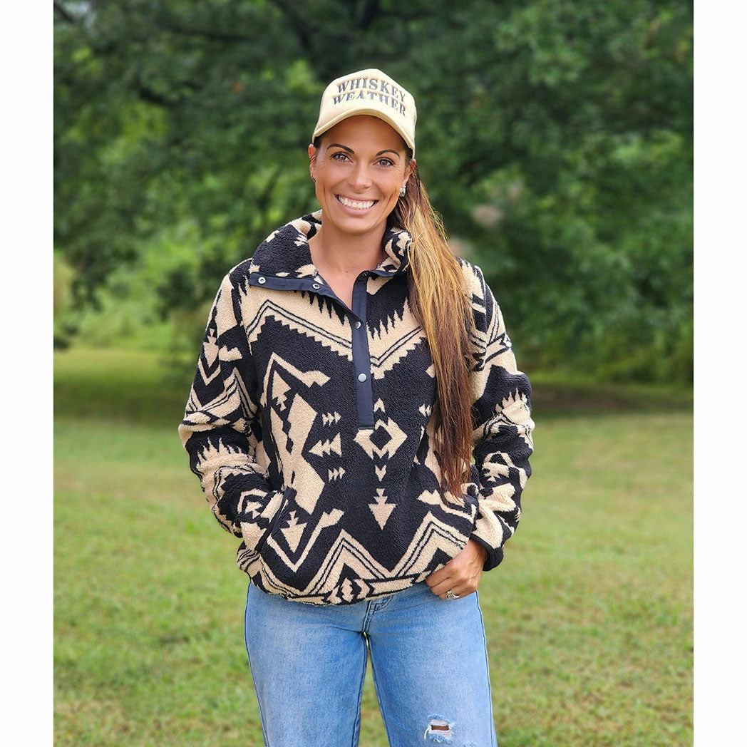 Mild Weather Black and Tan Aztec Fleece Pull Over