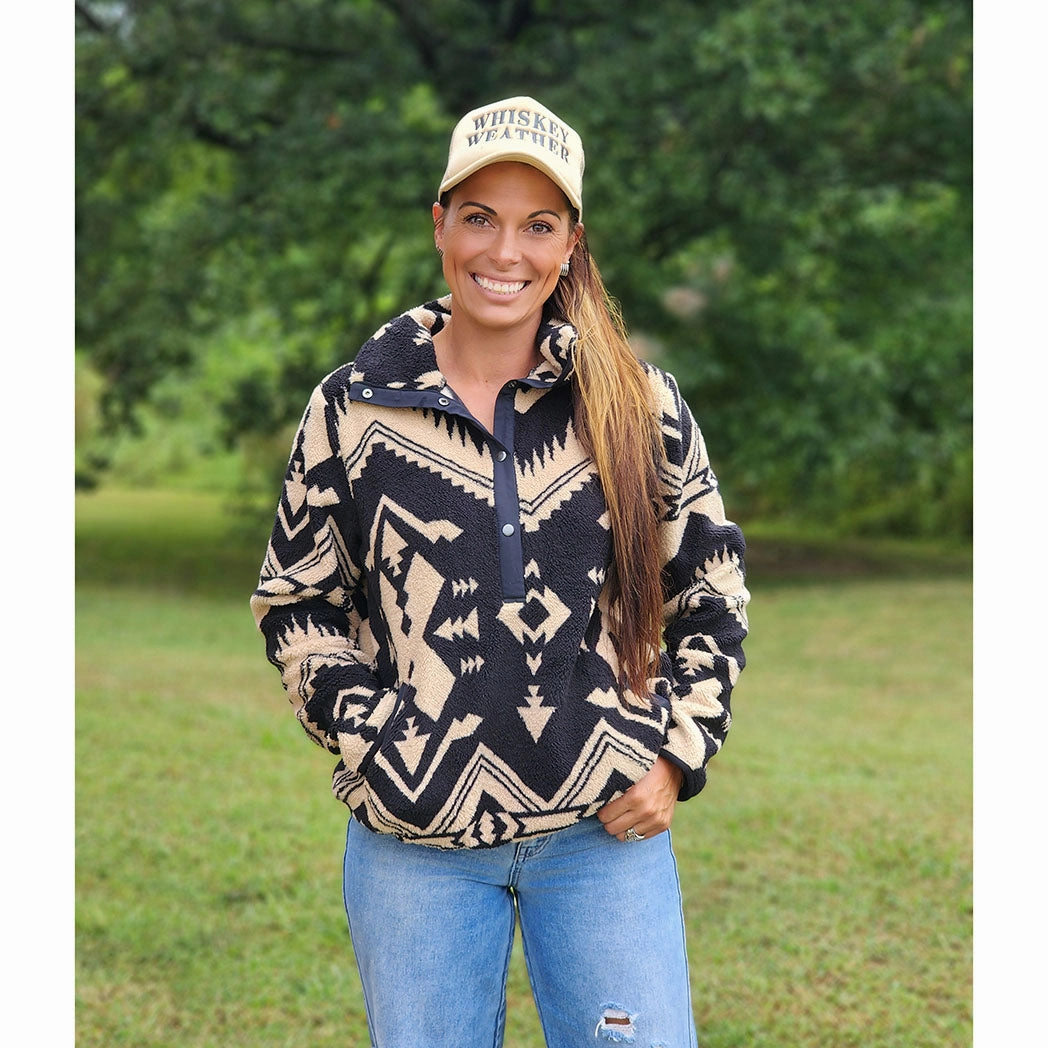 Fall Outfit All Season Performance Weave Black and Tan Aztec Fleece Pull Over