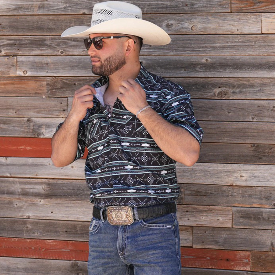 Comfy Fit Black and Turquoise Aztec Short Sleeve Shirt