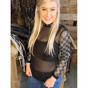 Black Mesh Top with Rhinestone Checkered Sleeves Compact Thermal Insulation Adjustable Hem Toggles