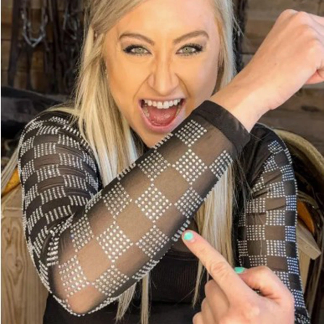 Reflective accents Black Mesh Top with Rhinestone Checkered Sleeves