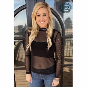 Black Mesh with Rhinestones Accented Long Sleeves ReflectiveTrim Weighted Hem Trim