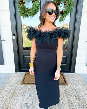 Black Off-The-Shoulder Midi Dress Refined Vibe