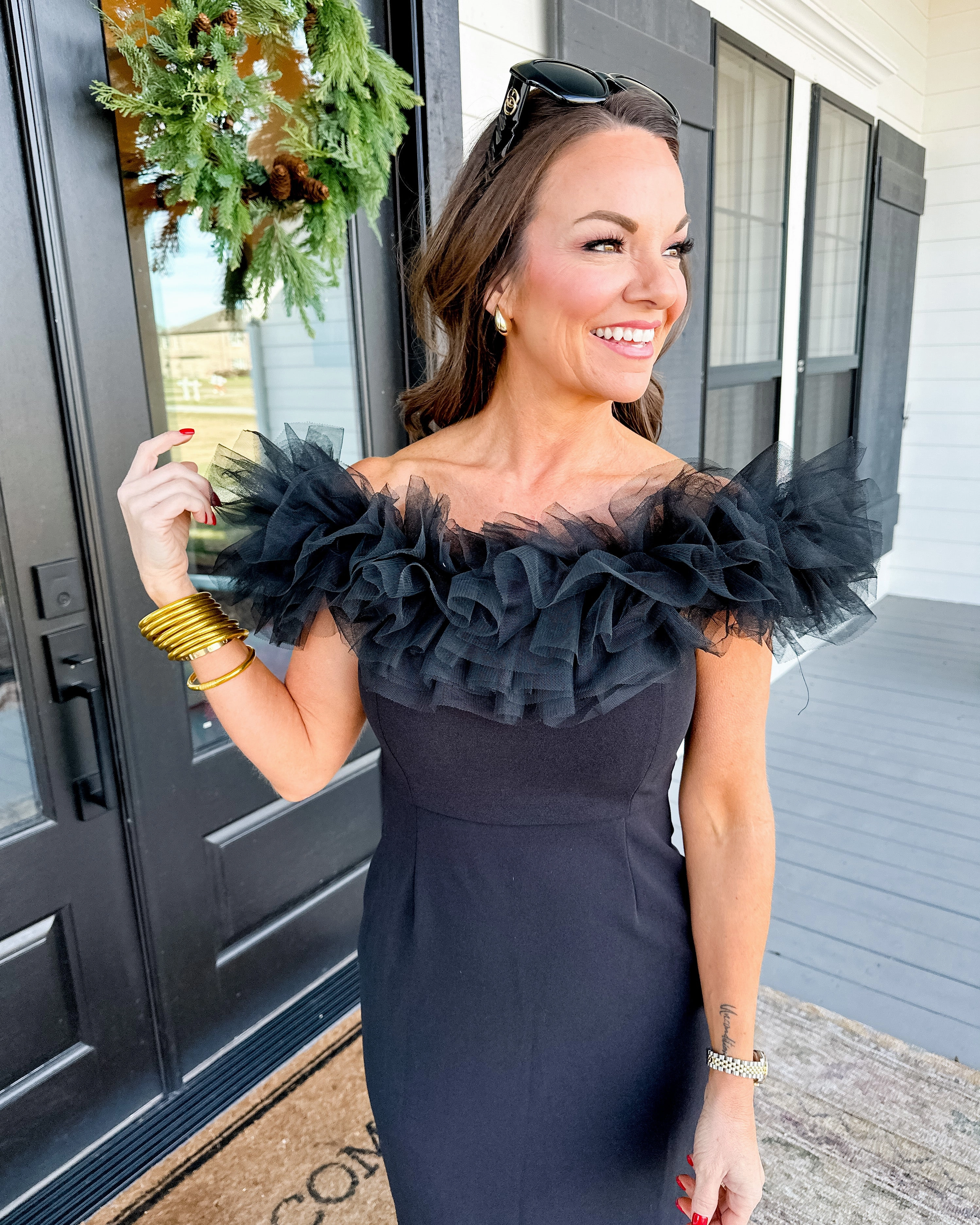 Black Off-The-Shoulder Midi Dress Tiered Skirt Contemporary Vibe