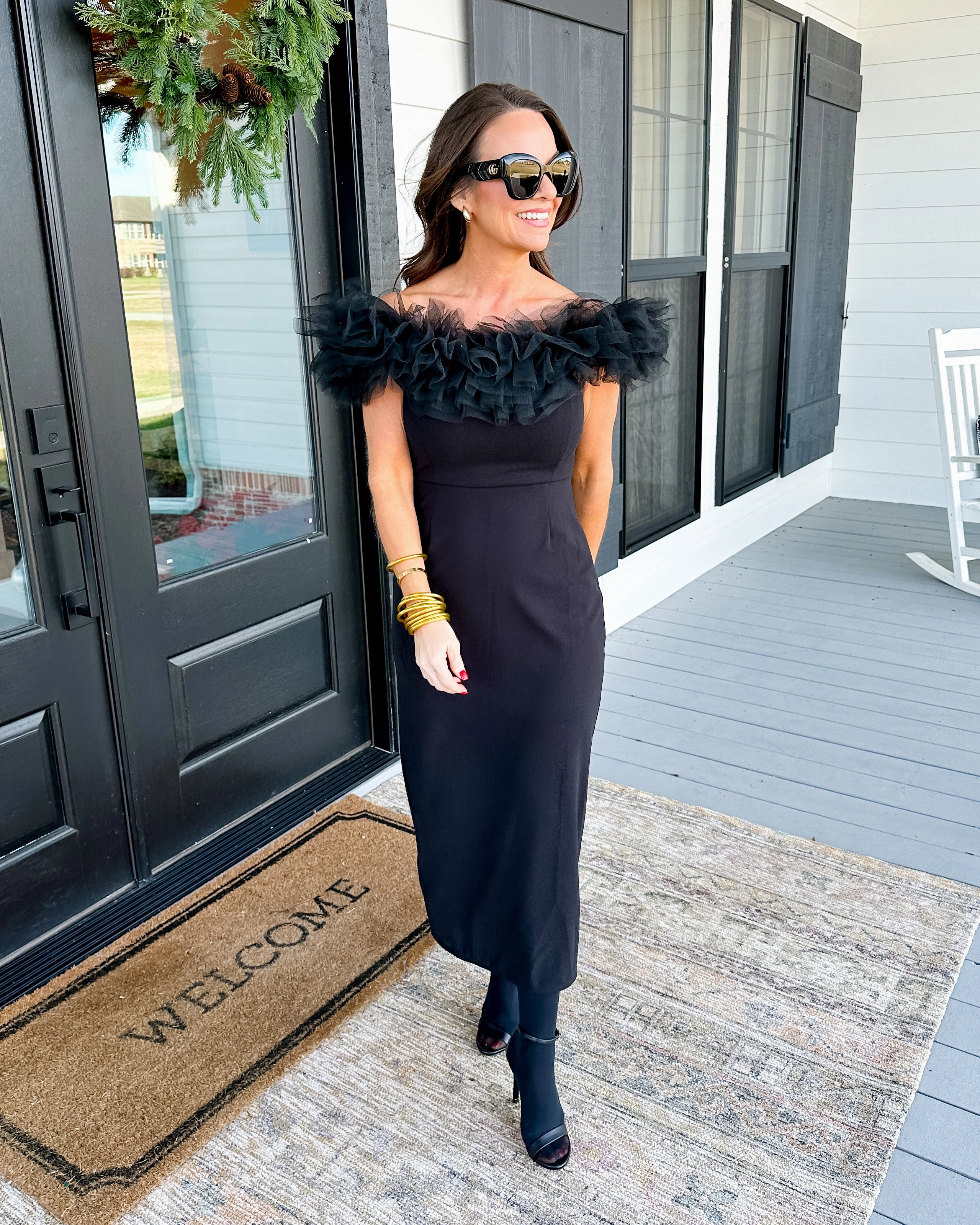 Black Off-The-Shoulder Midi Dress Flattering Shape Design