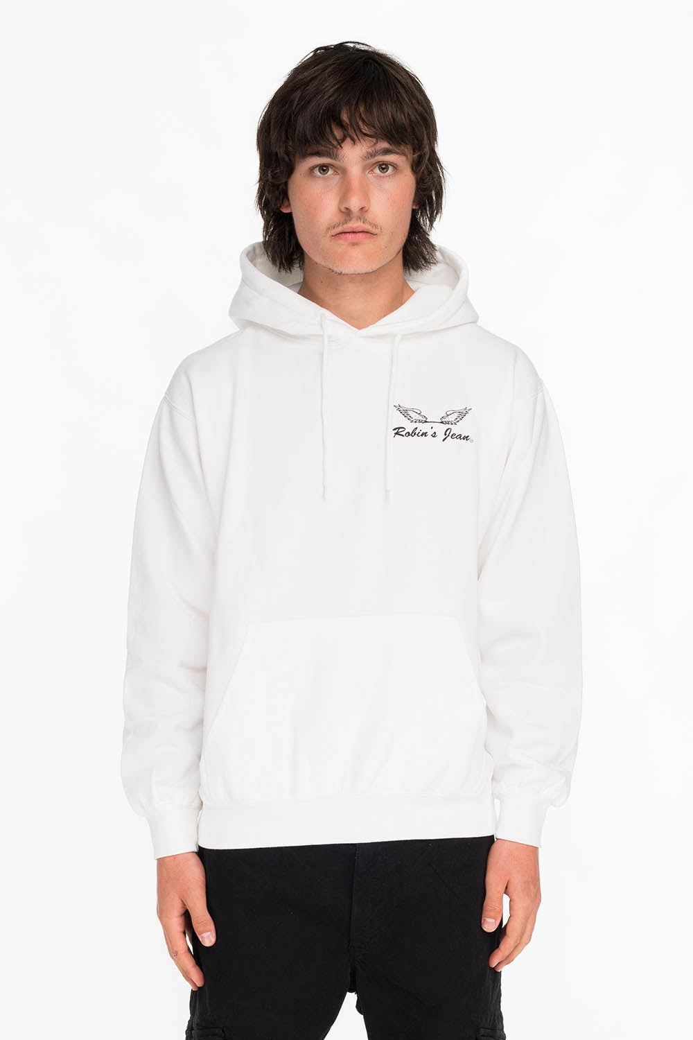 BLACK WINGS PULLOVER HOODIE IN WHITE Premium Cotton Blend Layered Chic