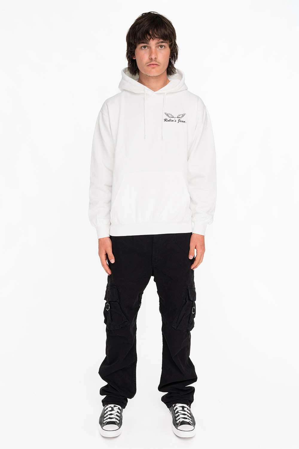 BLACK WINGS PULLOVER HOODIE IN WHITE Perfect Fit