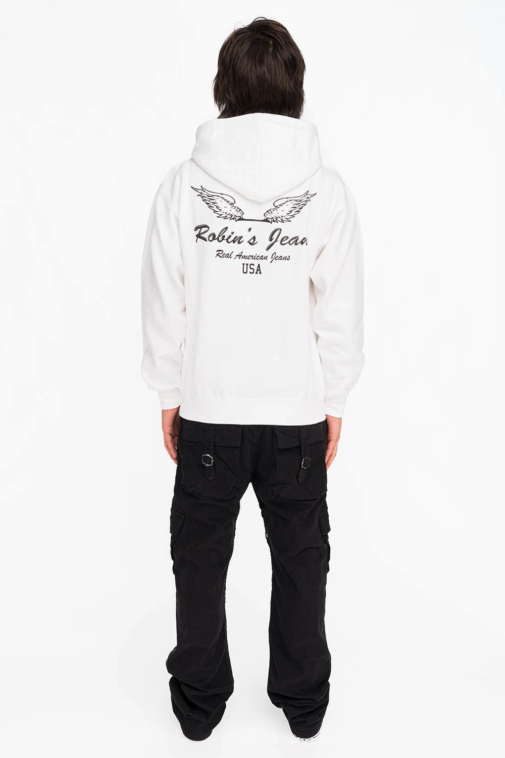 BLACK WINGS PULLOVER HOODIE IN WHITE Layering Style Perfect Fit