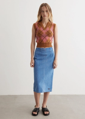 Twist Knot Details Crossback Strap Bleached Coated Denim Skirt