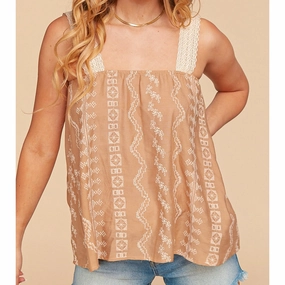 Bloom Women's Latte Aztec Crochet Strap Tank Flexible Neckline Warm Fabric
