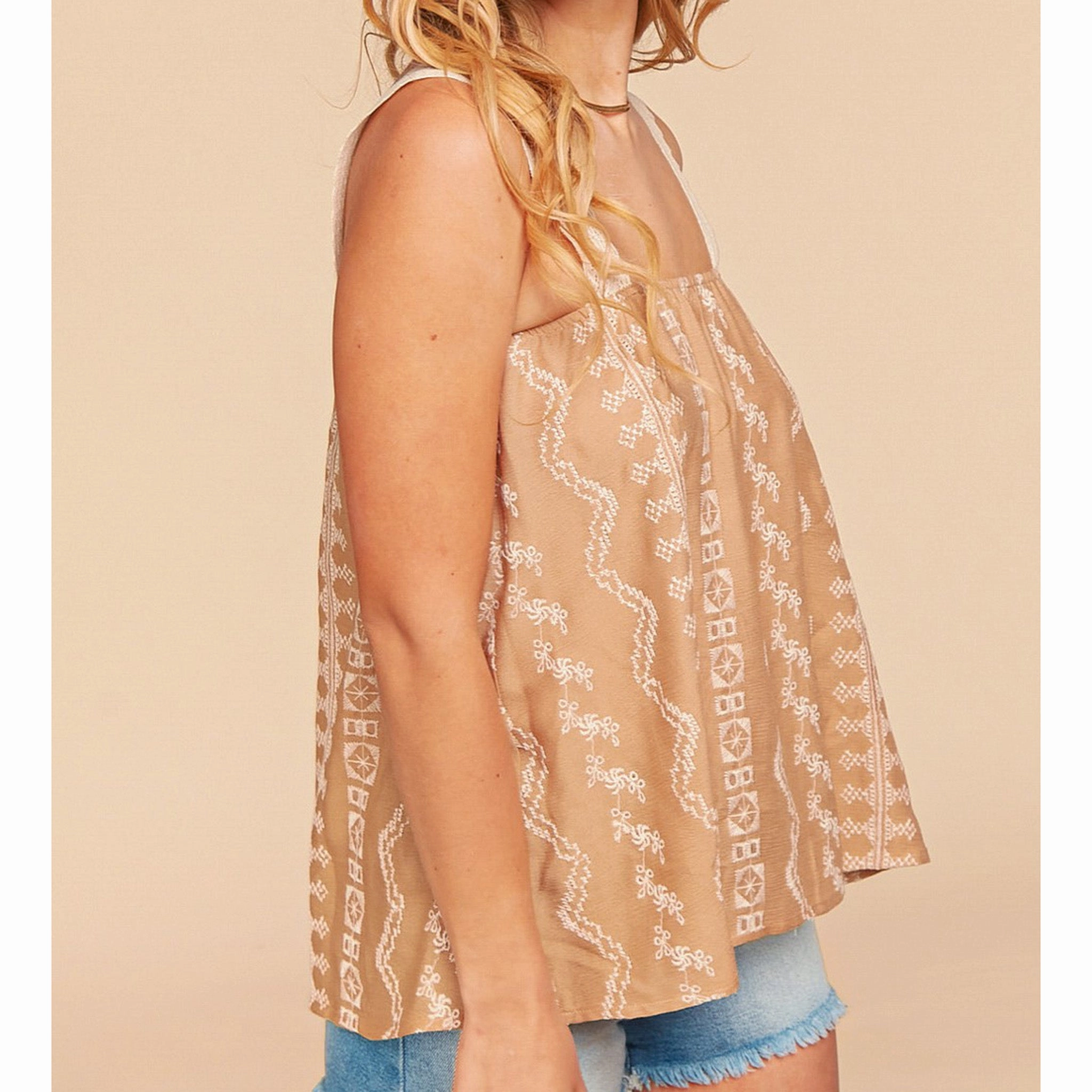 Bloom Women's Latte Aztec Crochet Strap Tank Non Chafe Armholes TaglessDesign