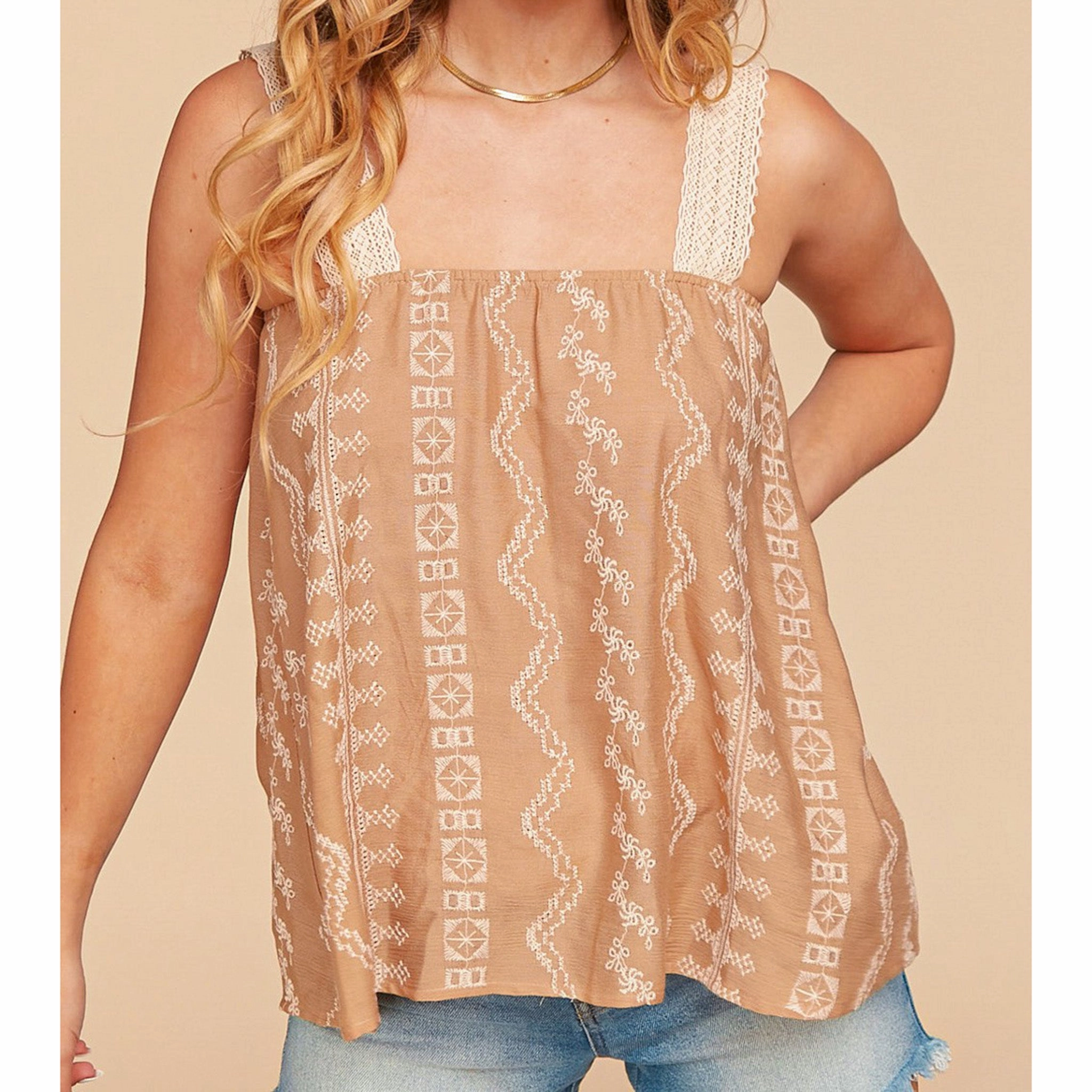 Bloom Women's Latte Aztec Crochet Strap Tank Flexible Neckline Warm Fabric