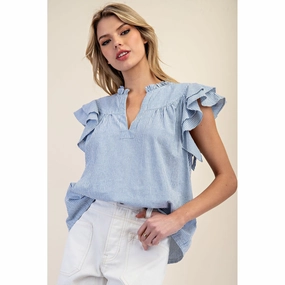 Compression Gradient Blue & White Striped Double Ruffled Short Sleeve Top