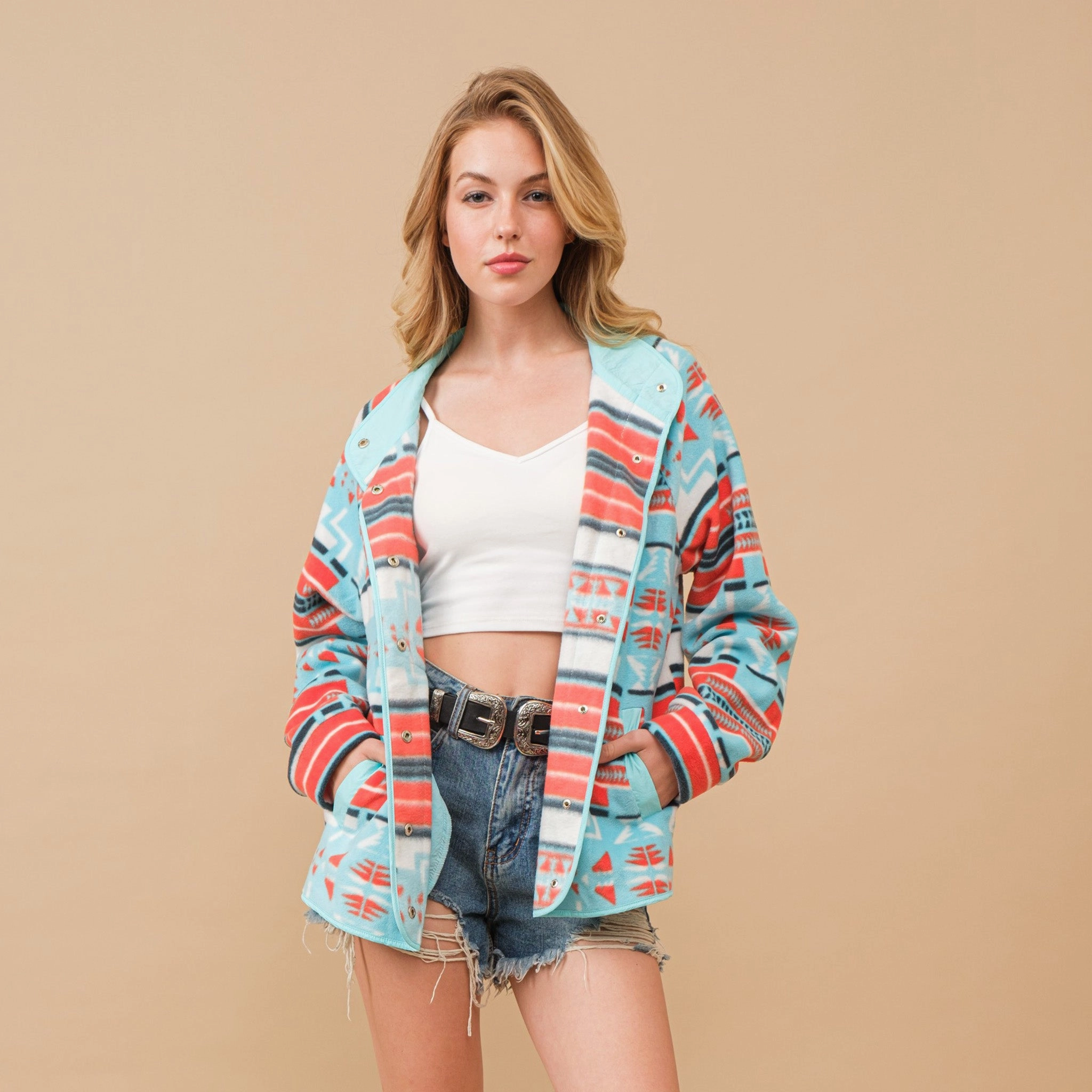 High Neck Blue B Aztec Fleece Print Jacket