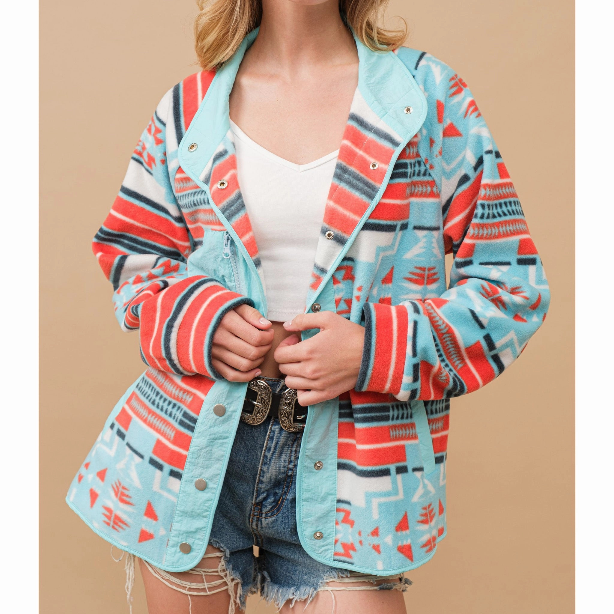 Lightweight Fabric NonBulkyLayering Blue B Aztec Fleece Print Jacket