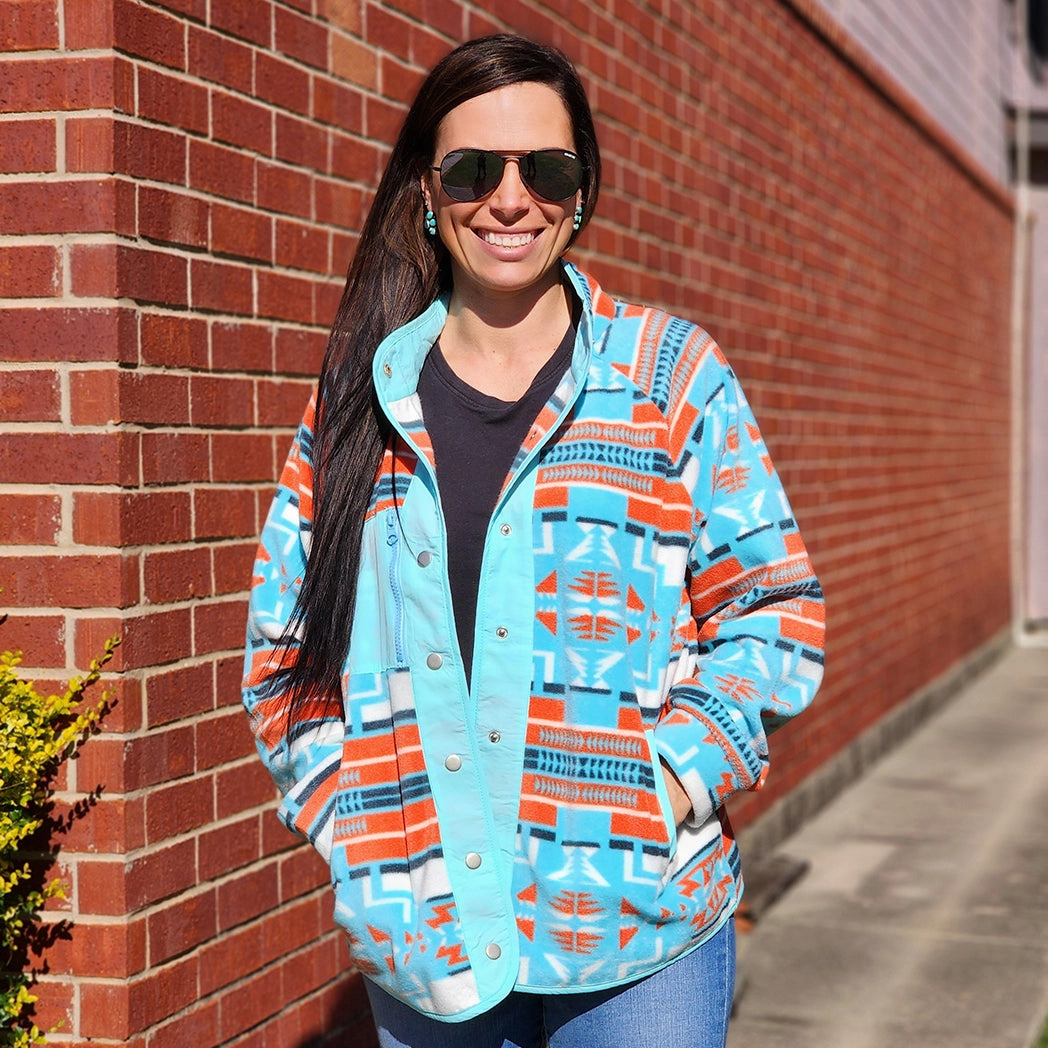 RubberizedTrim Blue B Aztec Fleece Print Jacket
