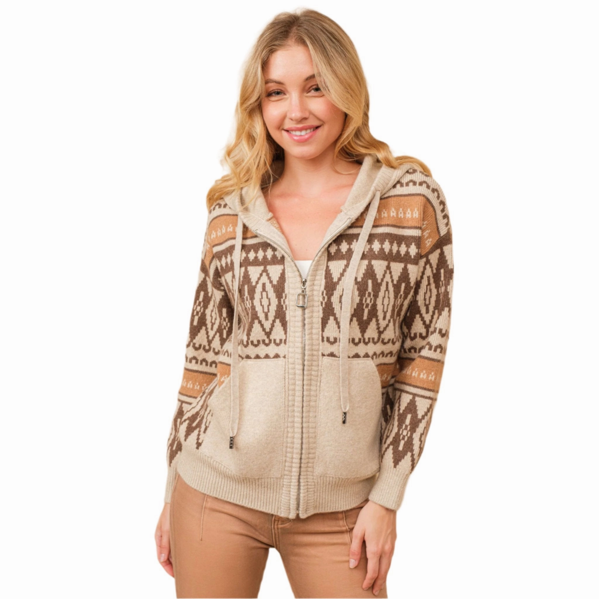 Active Urban Layer Eco Friendly Textile Blue B Women's Brown Aztec Zip Up Hooded Sweater Jacket