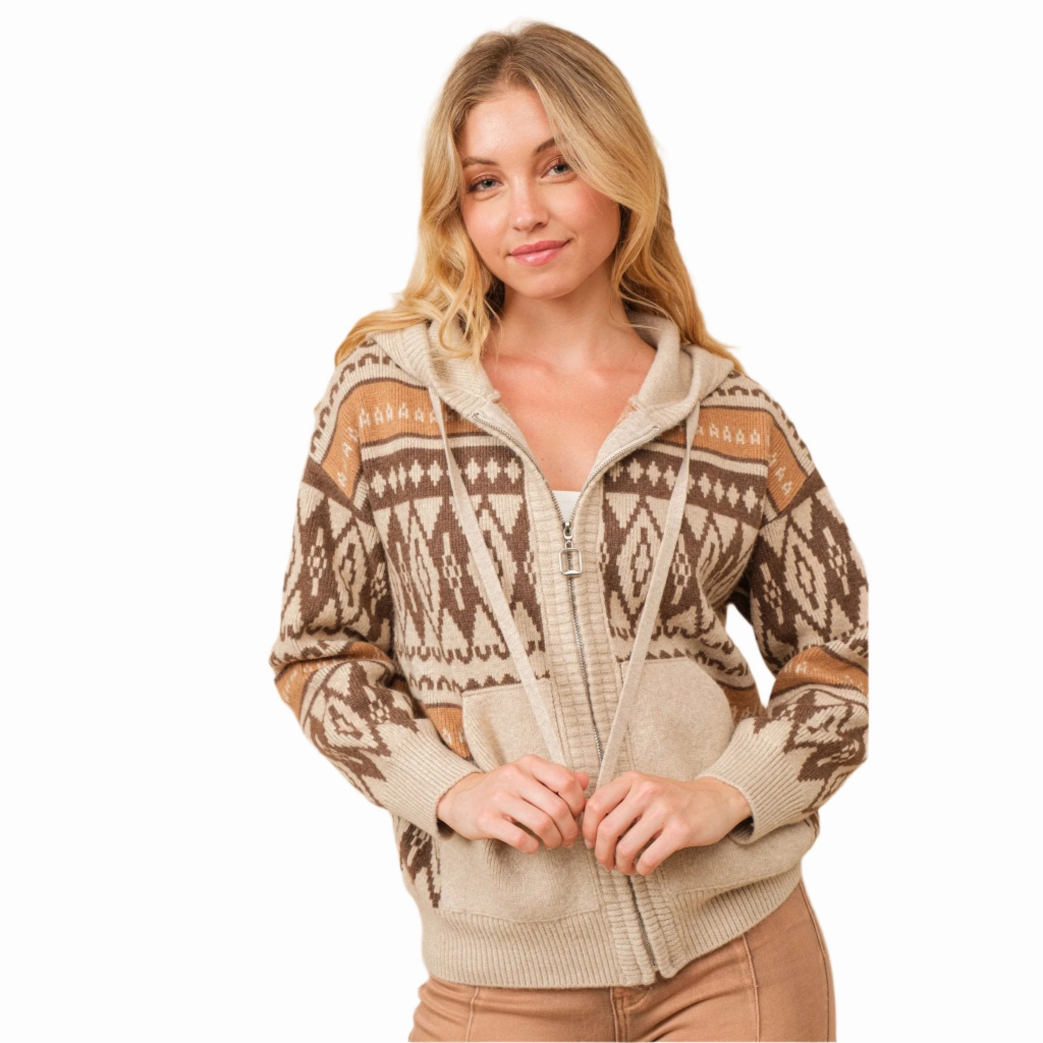 Blue B Women's Brown Aztec Zip Up Hooded Sweater Jacket Detachable Hood